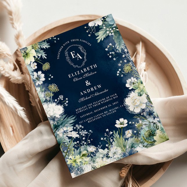 Navy Blue Wildflower Garden Wedding Invitation (Creator Uploaded)