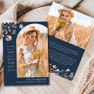 Navy Blue Wildflower Graduation Announcement