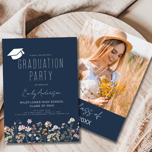 Navy Blue Wildflower Graduation Party Boho Invitation (Creator Uploaded)
