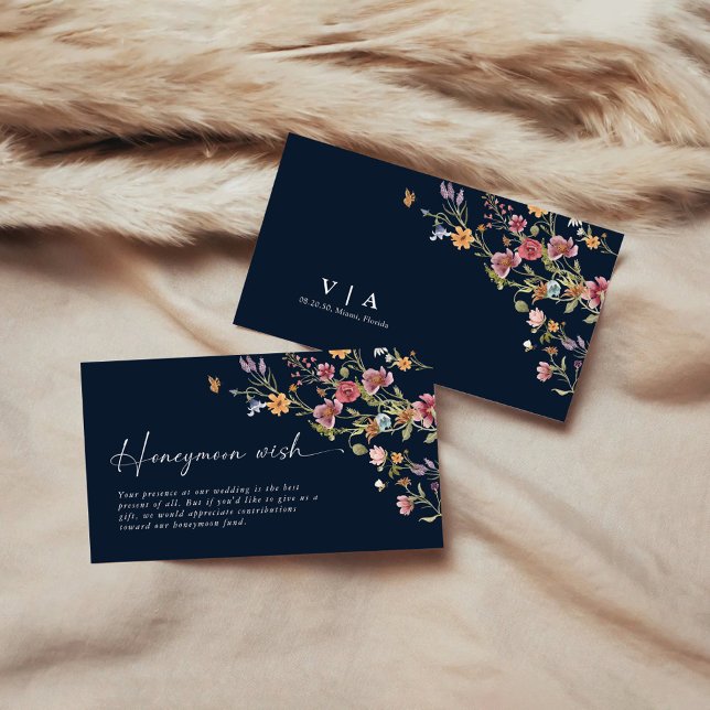 Navy Blue Wildflower Honeymoon Wish Enclosure Card (Creator Uploaded)