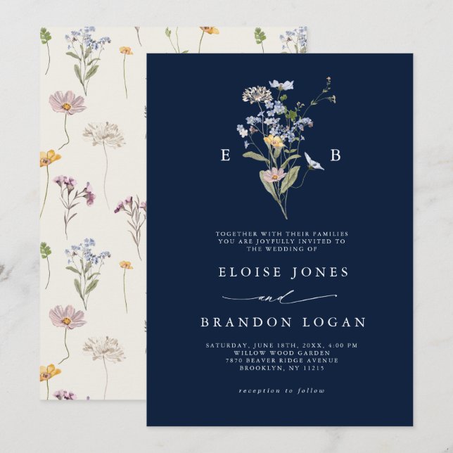 Navy Blue Wildflower Meadow Garden  Wedding   Invitation (Front/Back)