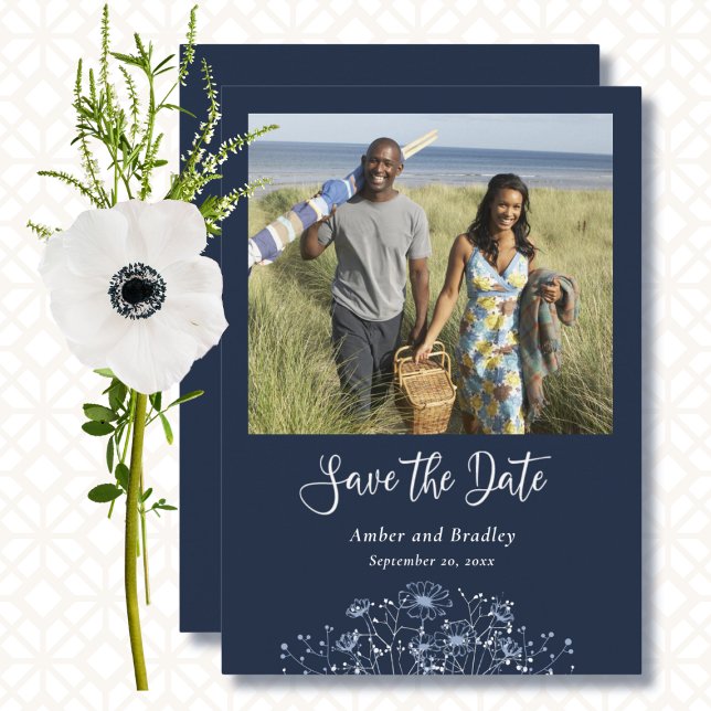 Navy Blue Wildflower Photo QR Code Save the Date Invitation (Creator Uploaded)
