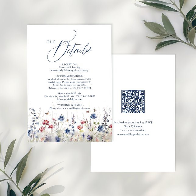 Navy Blue Wildflower Rustic QR code Details Card (Navy Blue Wildflower Rustic QR code Details Note Card)