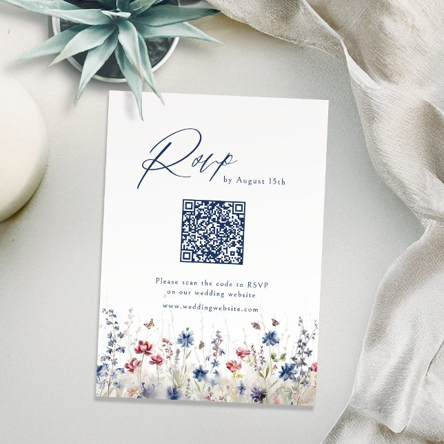 Navy Blue Wildflower Rustic Wedding QR code RSVP Card (Navy Blue Wildflower Rustic Wedding QR code RSVP Card)