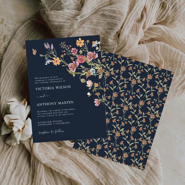 Navy Blue Wildflower Wedding Invitation (Creator Uploaded)
