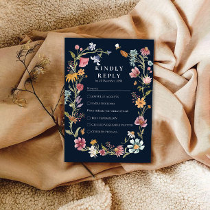 Navy Blue Wildflower Wedding RSVP Card