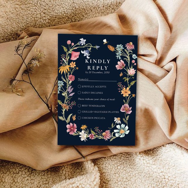 Navy Blue Wildflower Wedding RSVP Card (Creator Uploaded)