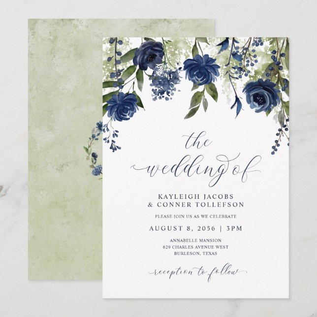 Navy Blue Wildflowers Botanical Wedding Invitation (Front/Back)