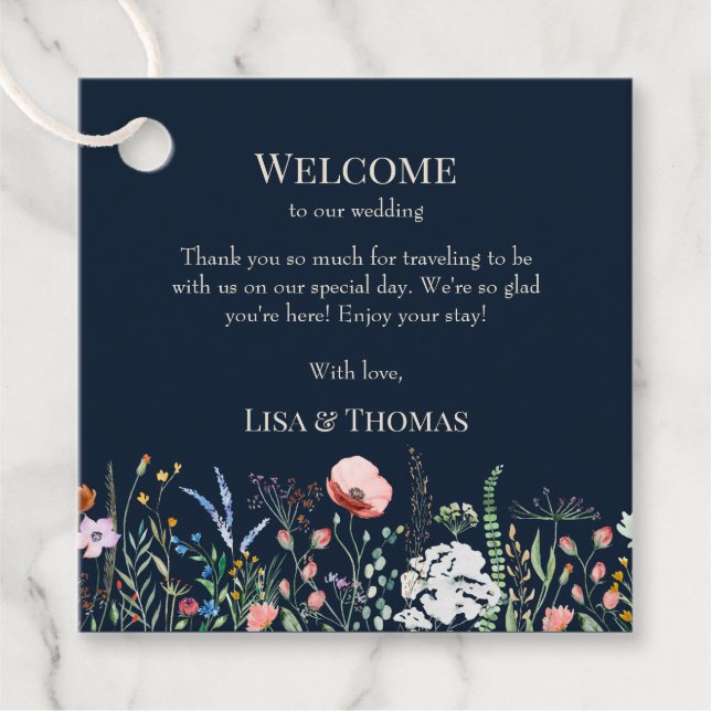 Navy Blue Wildflowers Meadow Welcome Gift Tag (Front)