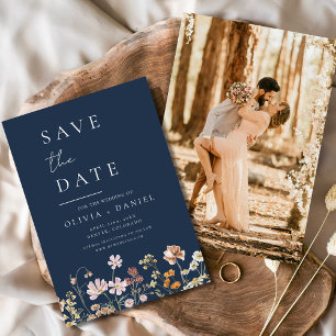 Navy Blue Wildflowers Photo Boho Save the Date