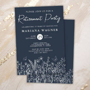 Navy Blue Wildflowers Retirement Party Invitation