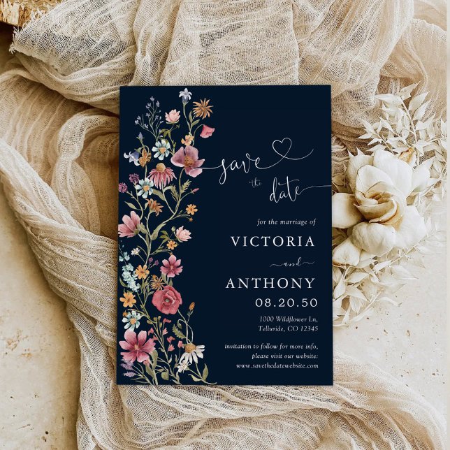 Navy Blue Wildflowers Save The Date Cards (Creator Uploaded)