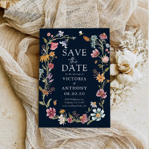 Navy Blue Wildflowers Save The Date Cards
