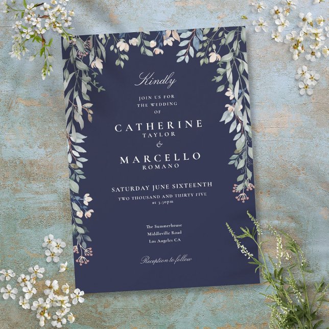 Navy Blue Wildflowers Watercolor Floral Wedding Invitation (Navy Blue Wildflowers Watercolor Floral Wedding Invitation)