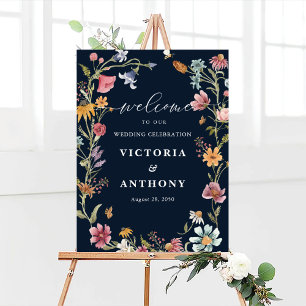 Navy Blue Wildflowers Wedding Celebration Poster