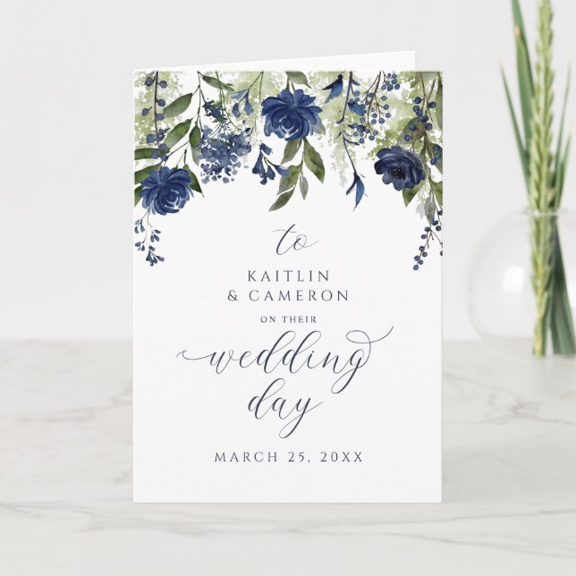 Navy Blue Wildflowers Wedding Day Greeting Card (Front)
