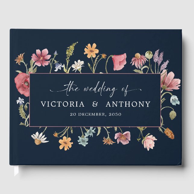 Navy Blue Wildflowers Wedding Guest Book (Front)
