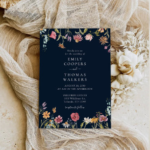 Navy Blue Wildflowers Wedding Invitation