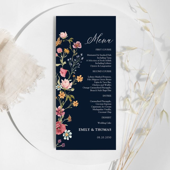 Navy Blue Wildflowers Wedding Menu (Creator Uploaded)