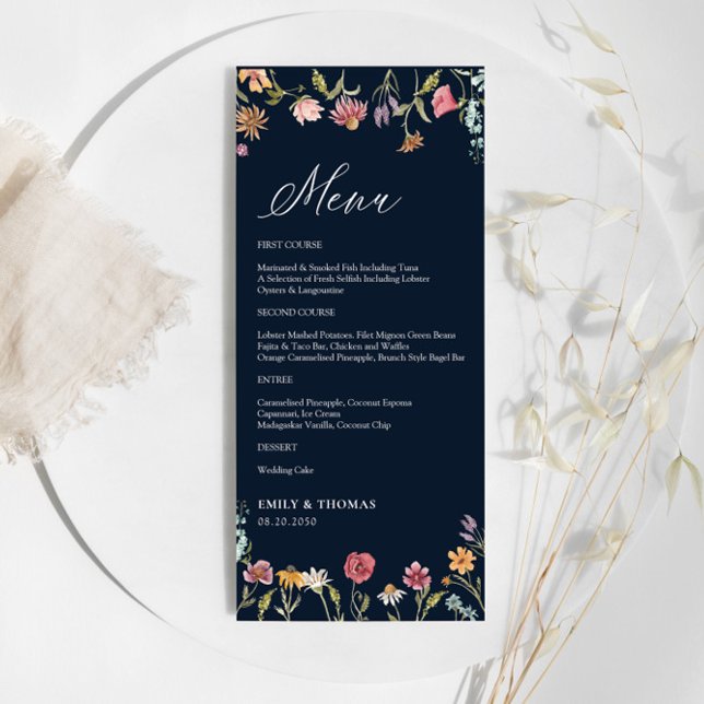 Navy Blue Wildflowers Wedding Menu (Creator Uploaded)