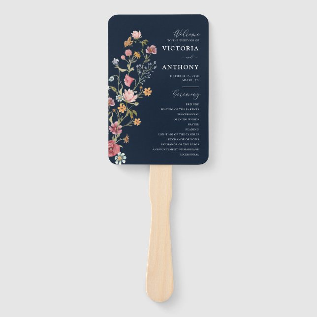 Navy Blue Wildflowers Wedding Program Hand Fan (Front)
