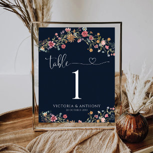 Navy Blue Wildflowers Wedding Table Numbers