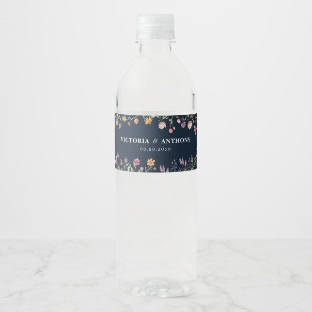 Navy Blue Wildflowers Wedding Water Bottle Labels (Front)