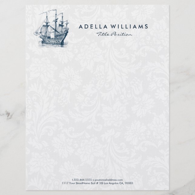 Navy blue wind sailing boat illustration custom letterhead (Front)