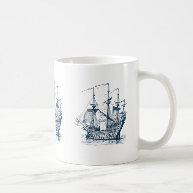 Navy-Blue Wind Sailing Nautical Boat Illustration Coffee Mug (Right)