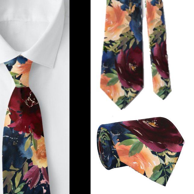 Navy Blue Wine Yellow Gold Roses Floral Neck Tie (Creator Uploaded)