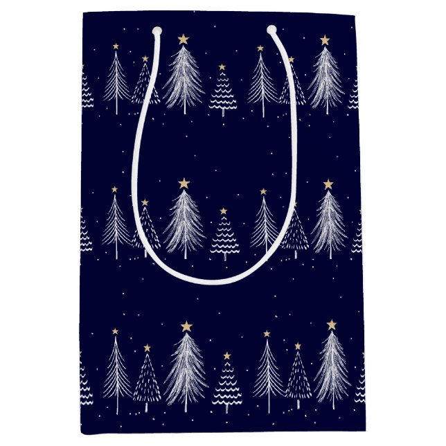 Navy Blue Winter Christmas Pine Trees Star  Medium Gift Bag (Front)