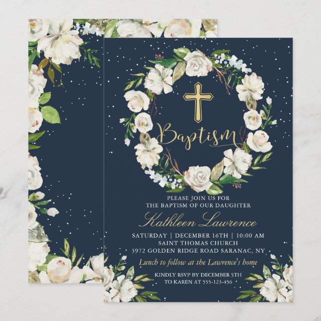 Navy Blue Winter Floral Girl Baptism Invitation (Front/Back)
