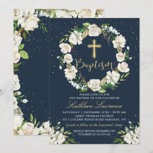Navy Blue Winter Floral Girl Baptism Invitation