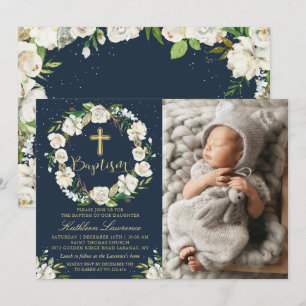 Navy Blue Winter Floral Girl Baptism Photo Invitation