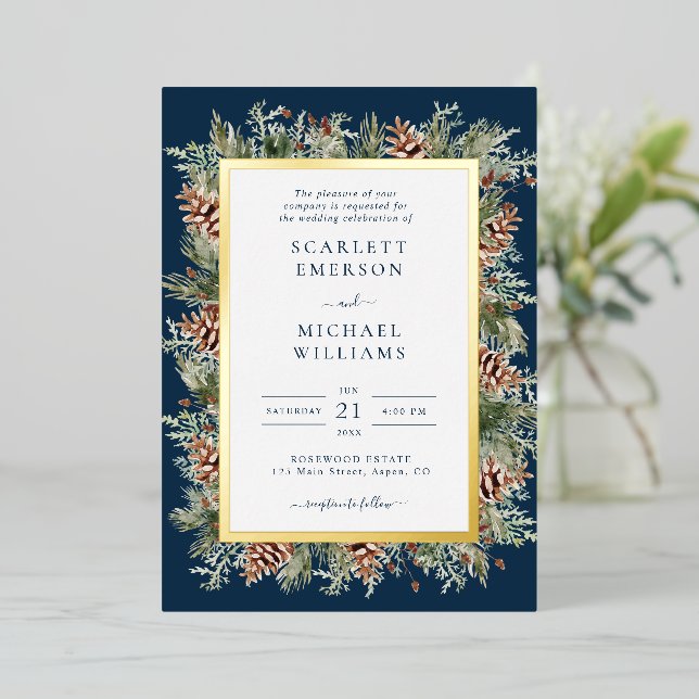 Navy Blue Winter Gold Foil Wedding Invitations (Standing Front)
