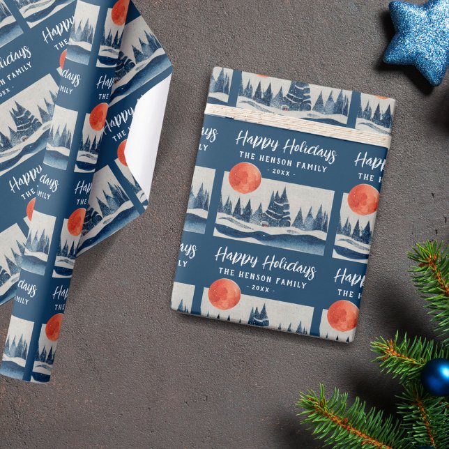 Navy Blue Winter Landscape Forest Moon Drawing  Wrapping Paper (Creator Uploaded)