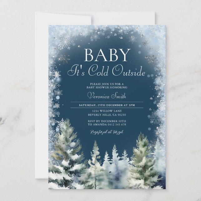 Navy Blue Winter Pine Tree Baby Shower Snowflakes Invitation (Front)