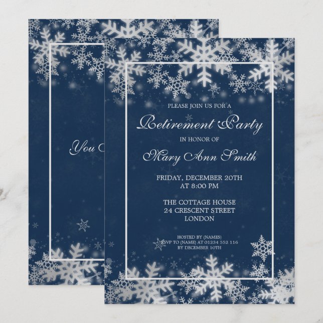 Navy Blue Winter Retirement Silver Snowflakes Invitation (Front/Back)