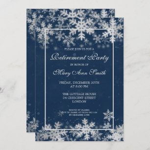 Navy Blue Winter Retirement Silver Snowflakes Invitation