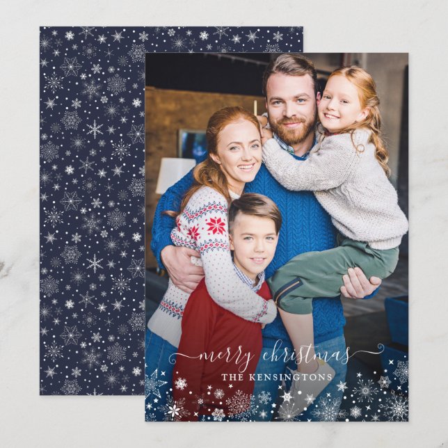 Navy Blue Winter Snowflakes Christmas Photo (Front/Back)