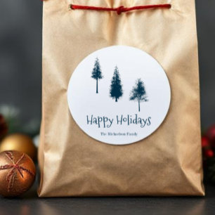 Navy Blue Winter Trees Classic Round Sticker
