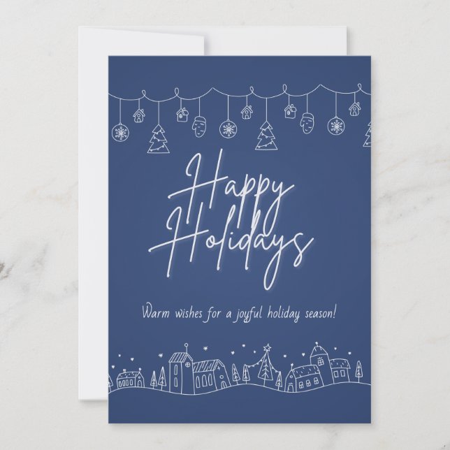 Navy Blue Winter Village Holiday Card (Front)