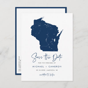 Navy Blue Wisconsin Map QR Code Save the Date Announcement Postcard
