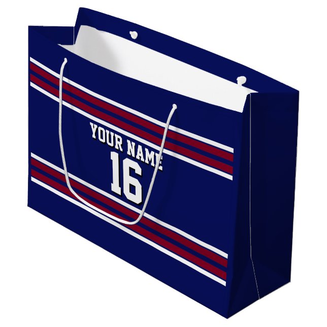 Navy Blue with Burgundy White Stripes Team Jersey Large Gift Bag (Front Angled)