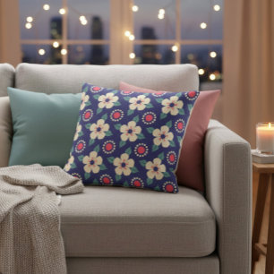 Navy Blue with Cream Flowers Cushion