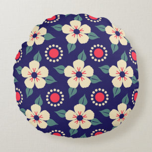 Navy Blue with Cream Flowers Round Cushion