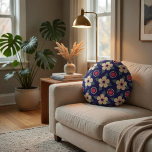 Navy Blue with Cream Flowers Round Cushion