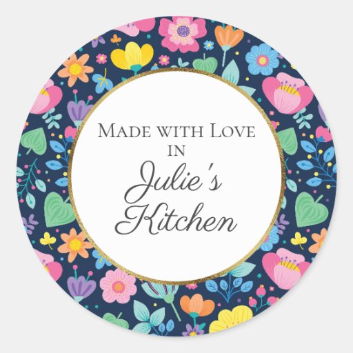 Image of Navy Blue with Cute Flowers Gold Food Gift Sticker