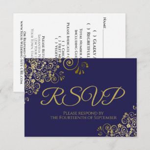 Navy Blue with Elegant Gold Lace Wedding RSVP Card