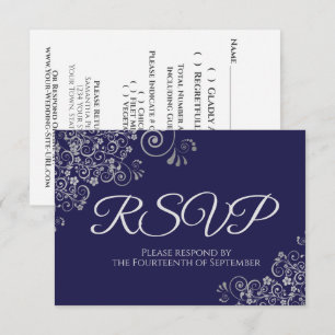Navy Blue with Elegant Silver Lace Wedding RSVP Card